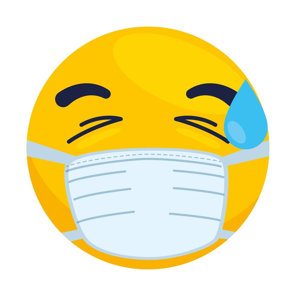 Emoji avec goutte de sueur portant un masque médical, visage jaune avec goutte de sueur à l'aide de l'icône de masque chirurgical blanc vecteur