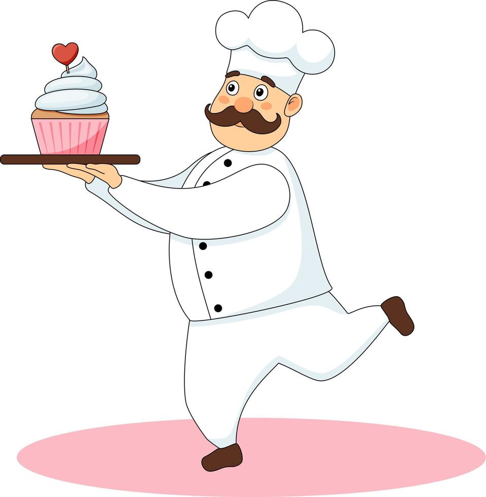 chef heureux portant un gâteau avec coeur vecteur