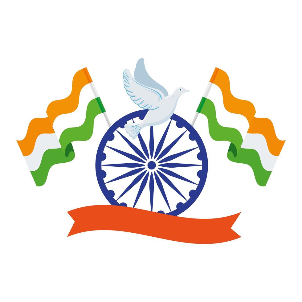 Symbole indien roue ashoka bleu, chakra ashoka avec colombe volant et drapeaux inde vecteur