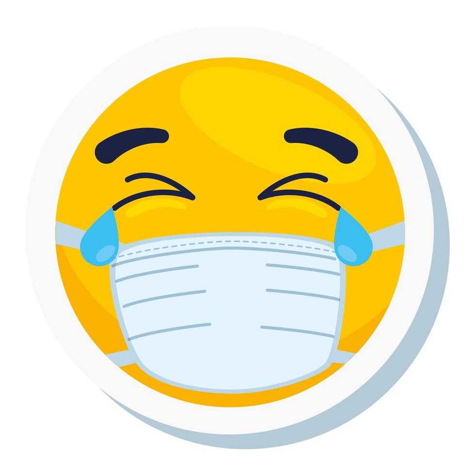 Emoji pleurant portant un masque médical, visage jaune pleurant portant l'icône de masque chirurgical blanc vecteur