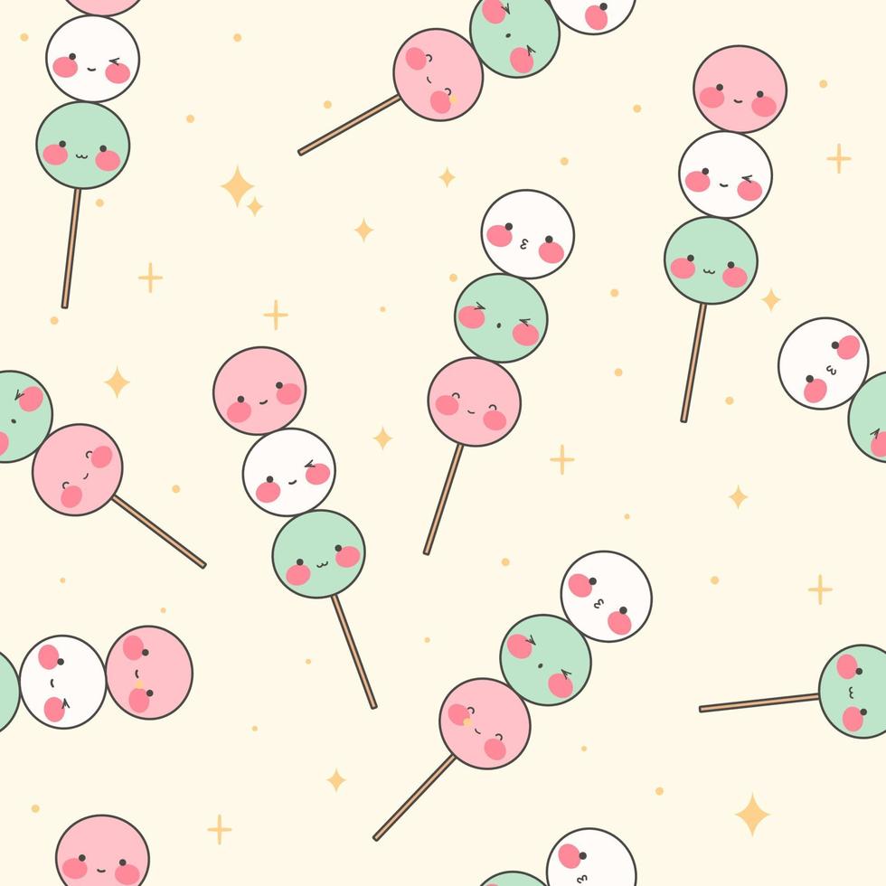 kawaii japon tradition sanshoku dango modèle sans couture. doux dango. bonbons japonais traditionnels. nourriture asiatique. illustration vectorielle stock. vecteur