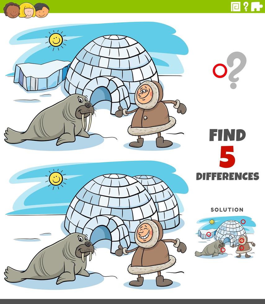 tâche éducative des différences pour les enfants avec esquimau, igloo et morse vecteur