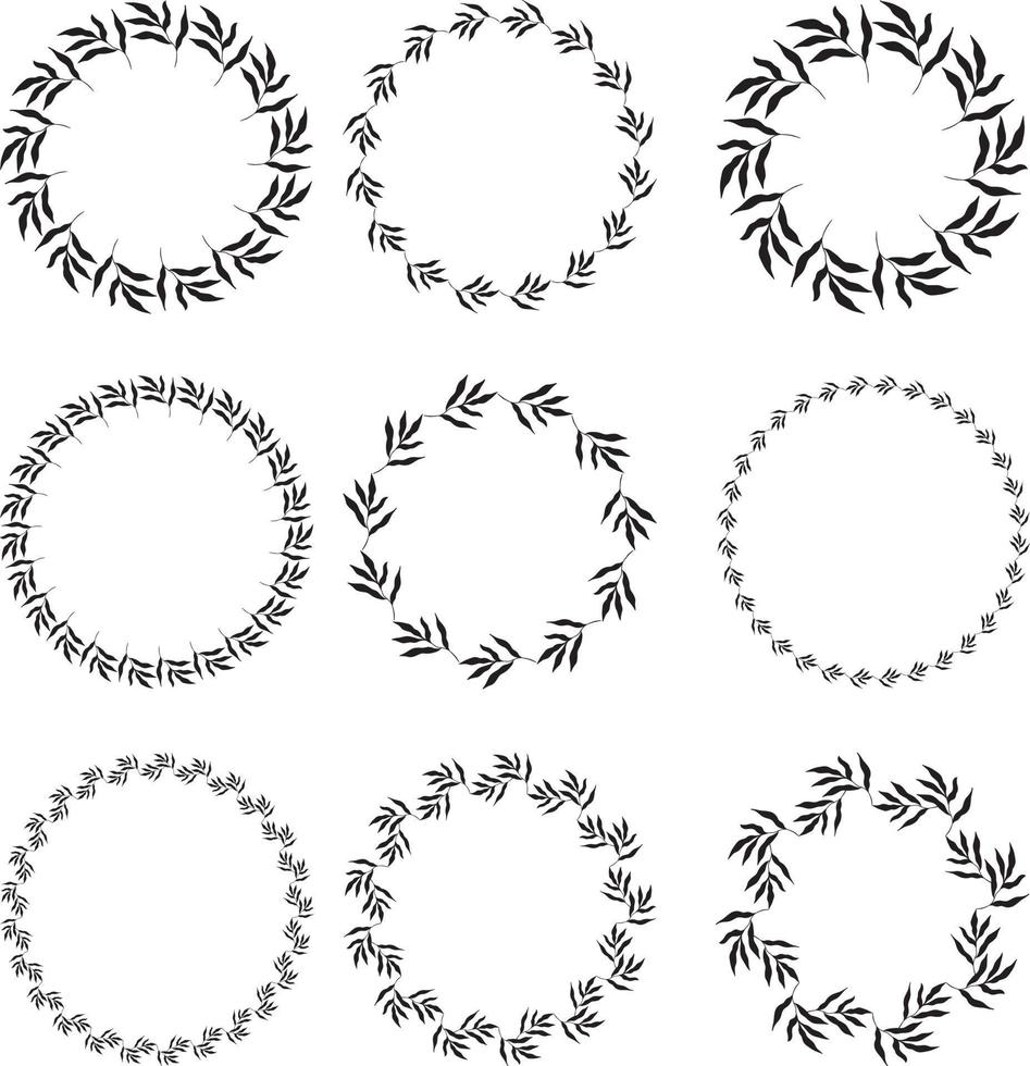 illustration de la collection de cadres noirs en forme de cercle assortis faits de plantes sur fond blanc isolé vecteur