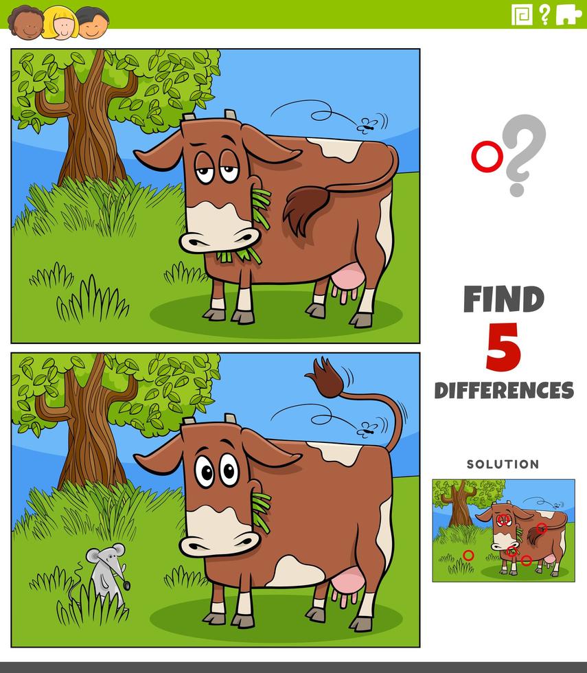 tâche éducative des différences pour les enfants avec une vache au pâturage vecteur