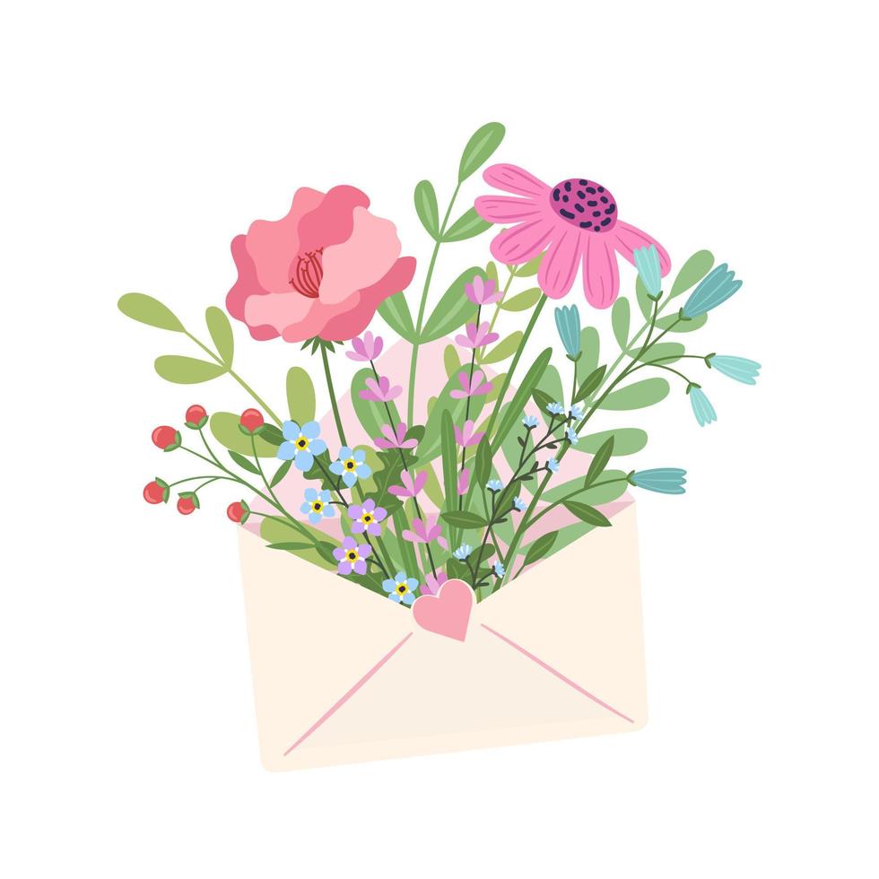 fleurs dans une enveloppe. courrier fleuri. notion d'amour. Joyeuse saint Valentin. conception plate. carte de voeux vectorielle tendance dessinée à la main. vecteur