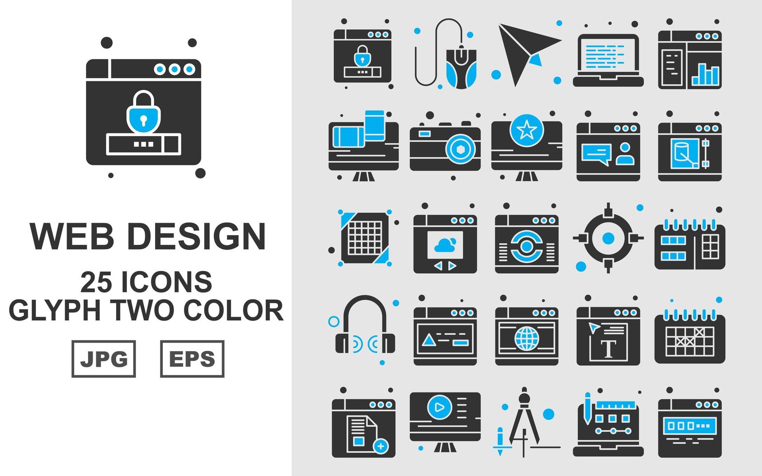 25 pack d'icônes de deux couleurs de glyphe de conception et de développement Web premium vecteur