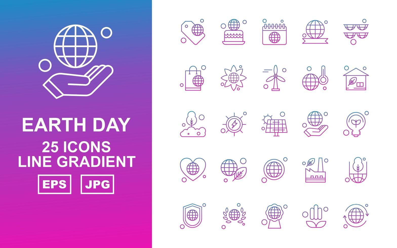 Pack d'icônes dégradé de 25 lignes premium jour de la terre vecteur