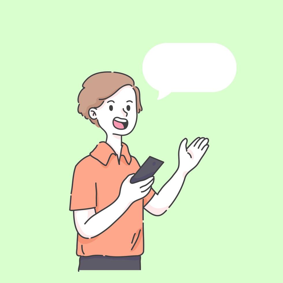 un garçon tenant un téléphone et expliquant, insérer une illustration de ballon de texte. vecteur