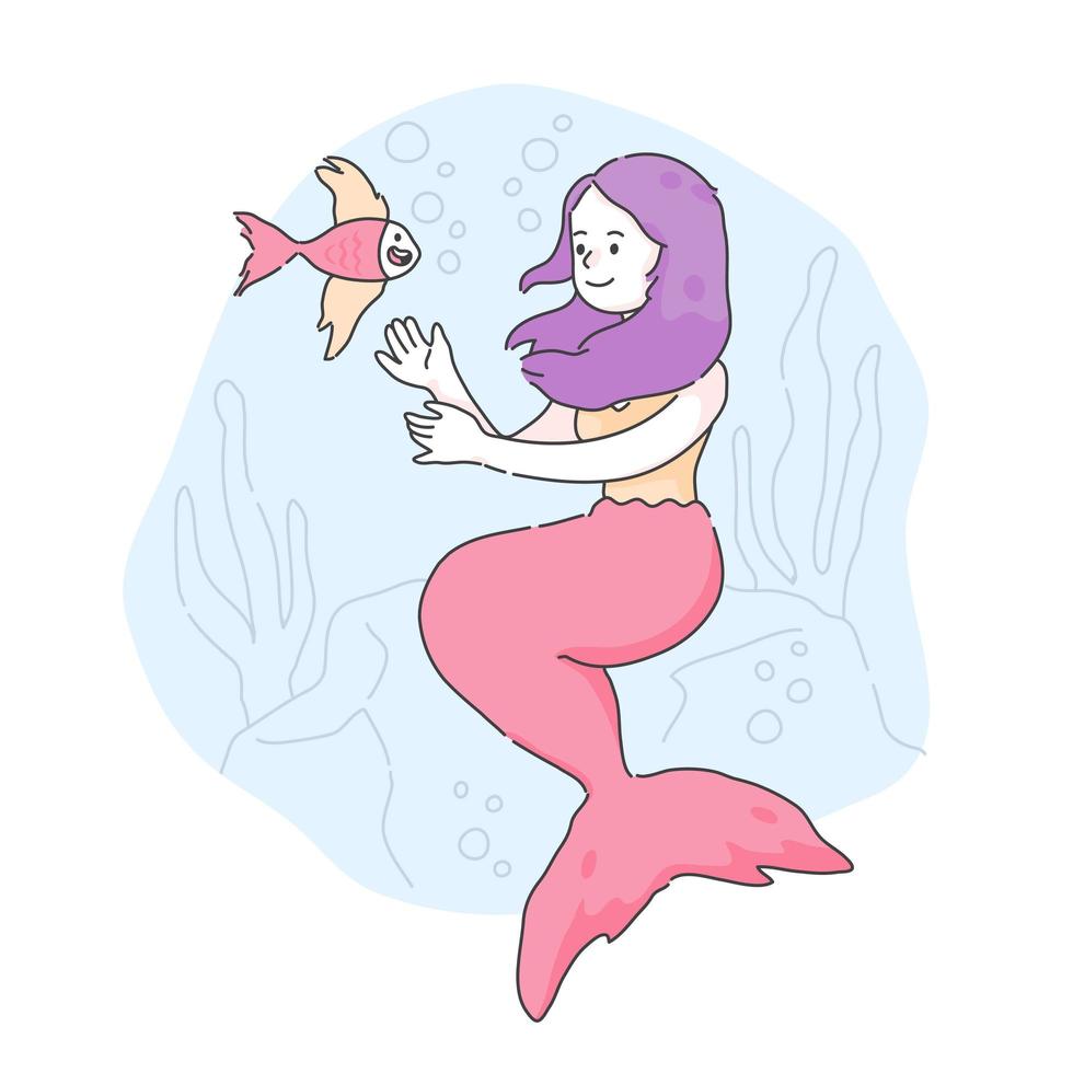 journée mondiale de l'océan une jolie sirène touchant une illustration de poisson vecteur