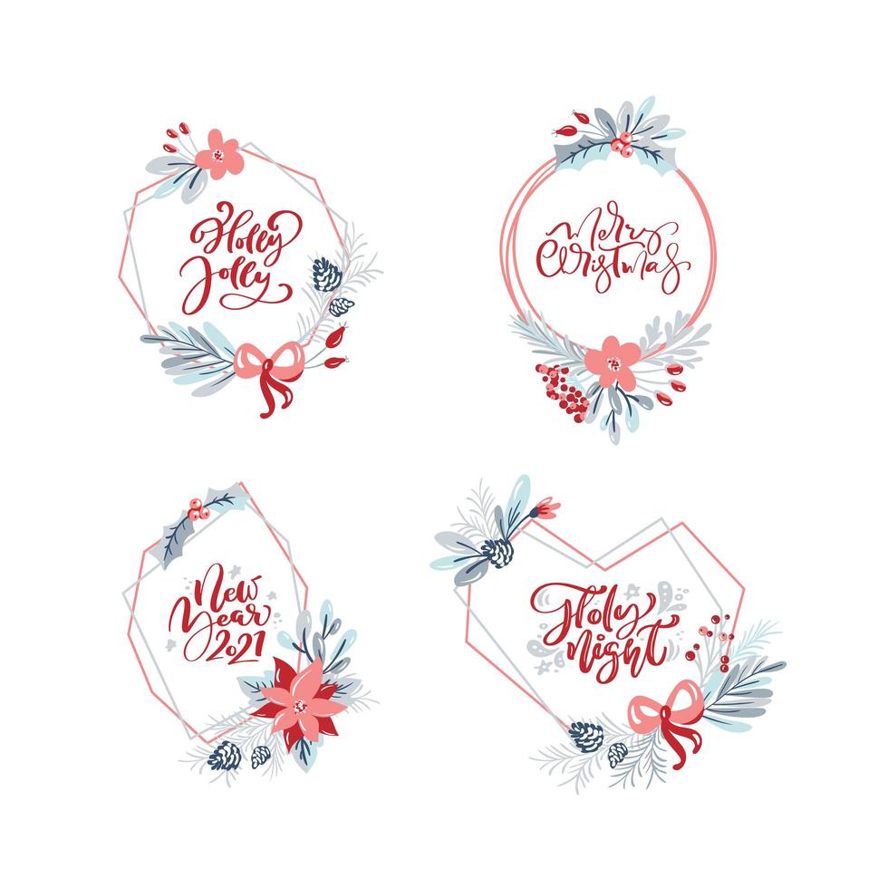 vector set collection de couronnes de Noël dessinées à la main avec texte de Noël. branches de sapin, baies rouges, feuilles et autres éléments. cadre rond pour carte hiver design hiver, affiche, bannière