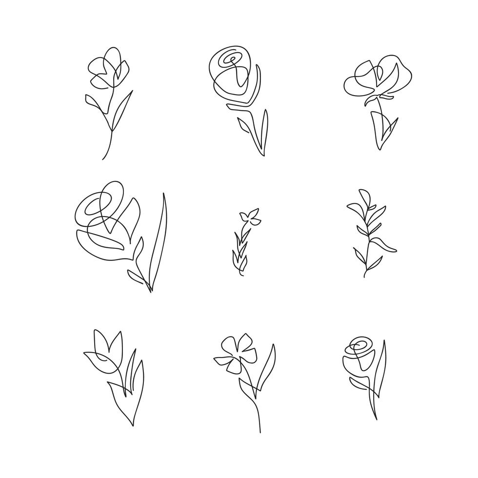 ensemble de fleurs de vecteur une ligne. dessin au trait minimaliste. contour continu dessiné à la main. illustration d'une ligne pour un décor élégant sur le mur ou une carte de voeux