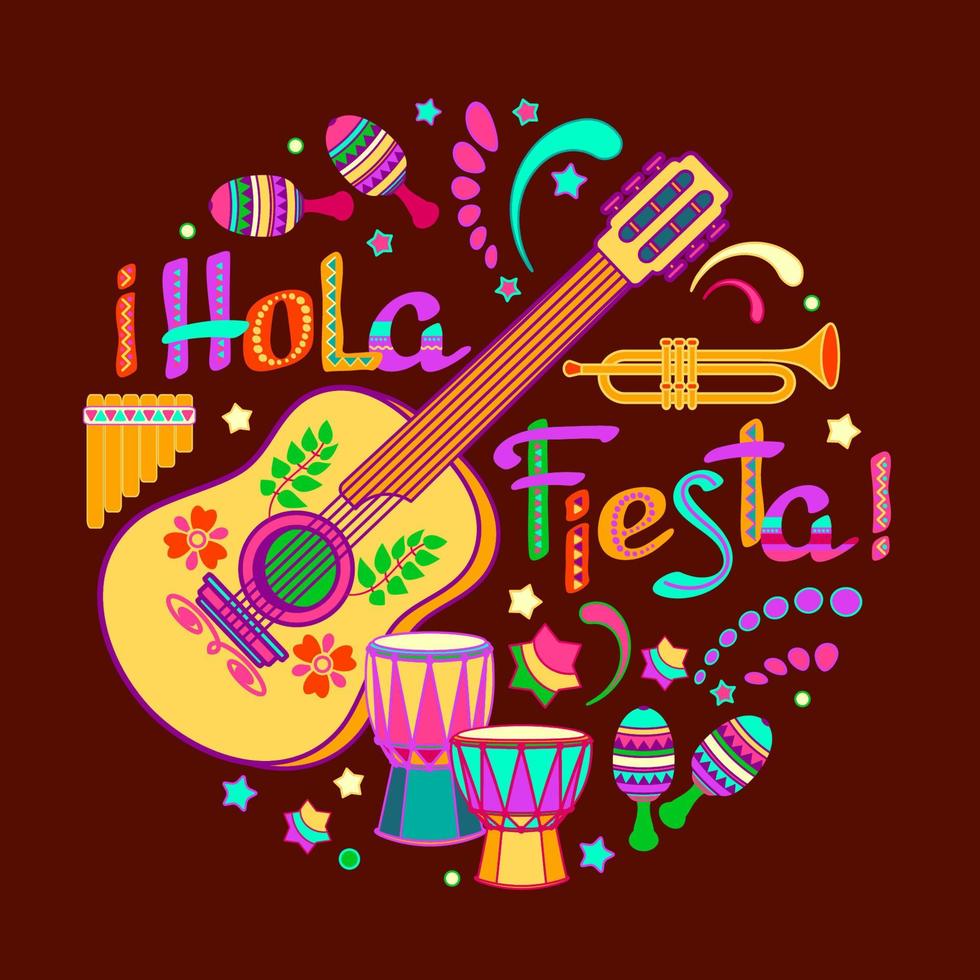 hola fiesta, logo décoré, lettres de dessin animé et symboles. illustration vectorielle. vecteur