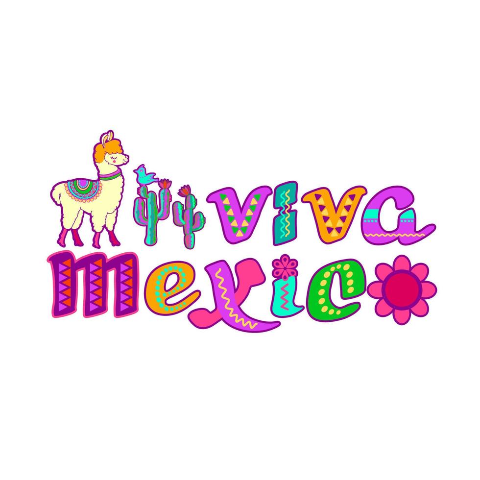 viva mexico, logo décoré. lettres de dessin animé, lama, cactus. illustration vectorielle. vecteur