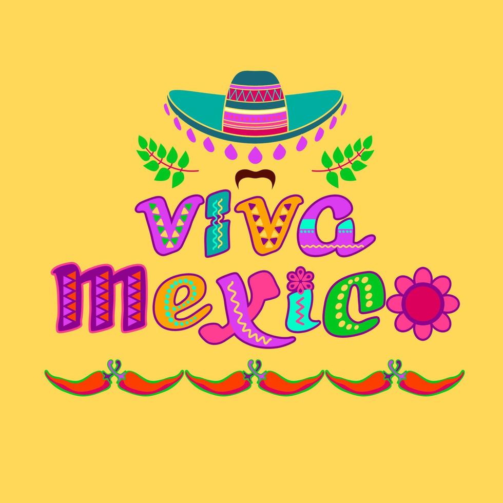 viva mexico, logo décoré. lettres de dessin animé, sombrero, poivre. illustration vectorielle. vecteur