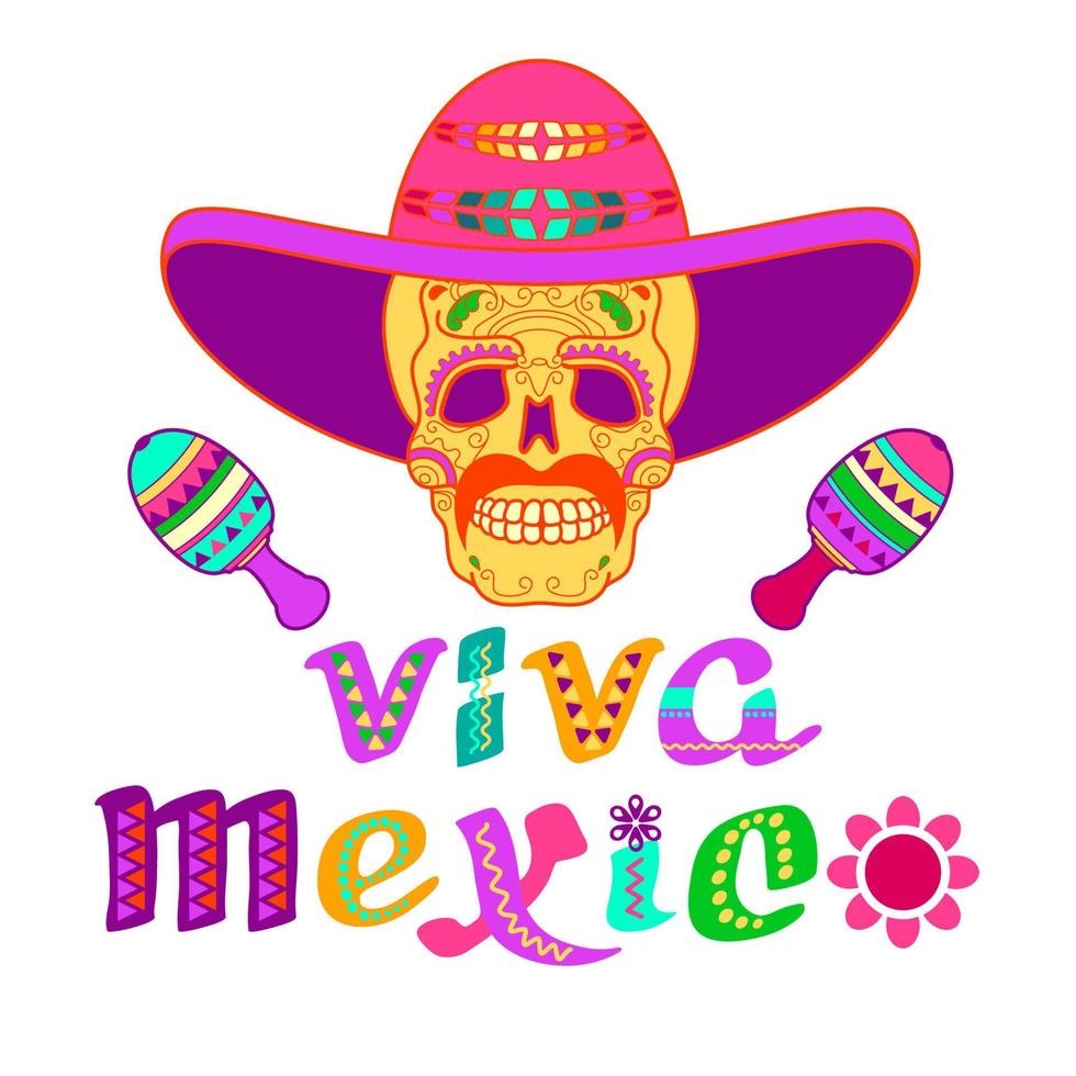 viva mexico, logo décoré. lettres de dessin animé, crâne, maracas. illustration vectorielle. vecteur