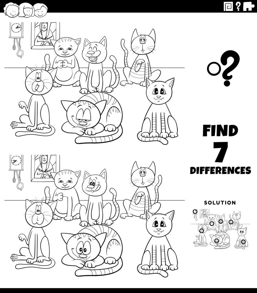 tâche de différences avec la page de livre de coloriage de chats de dessin animé vecteur