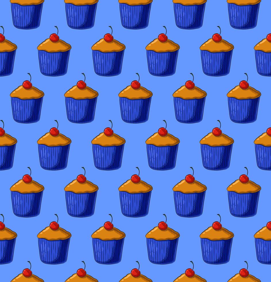 fond bleu clair vectorielle continue avec de délicieux cupcakes frais vecteur
