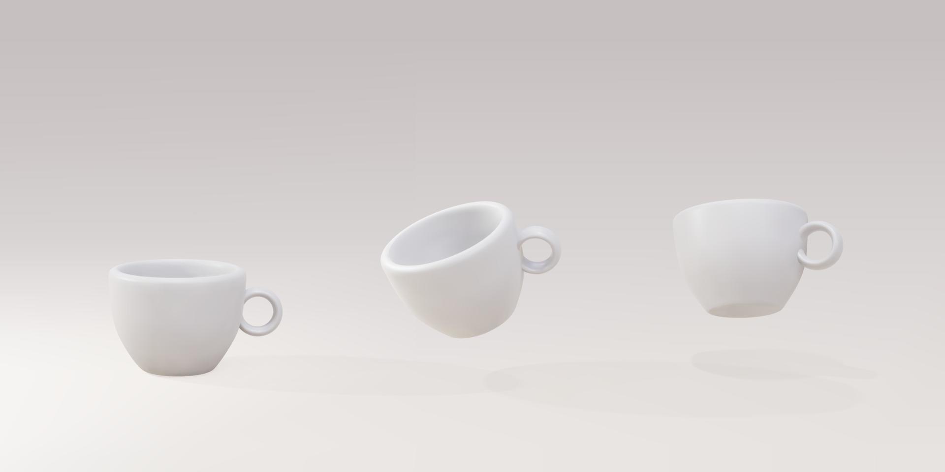 3d set tasses blanches sur fond gris. illustration vectorielle. vecteur