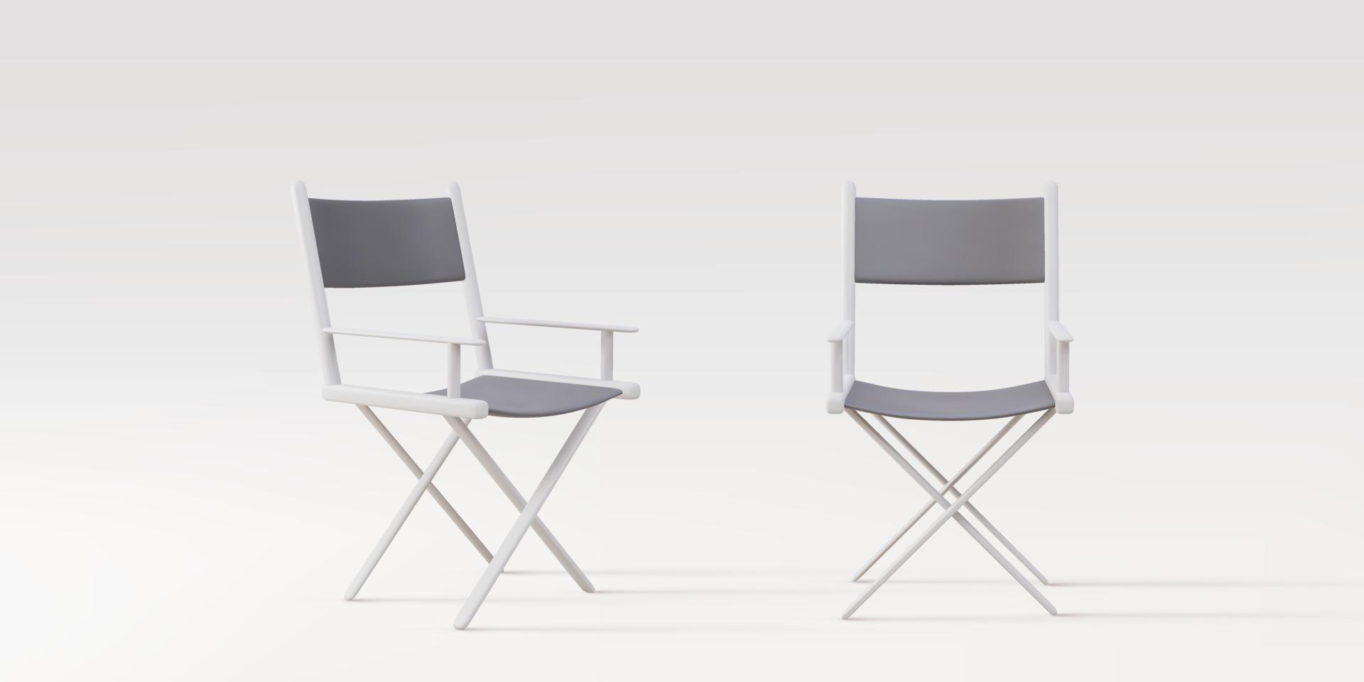 3d deux chaises de producteur réalistes, chaise de réalisateur, sur fond gris. illustration vectorielle. vecteur