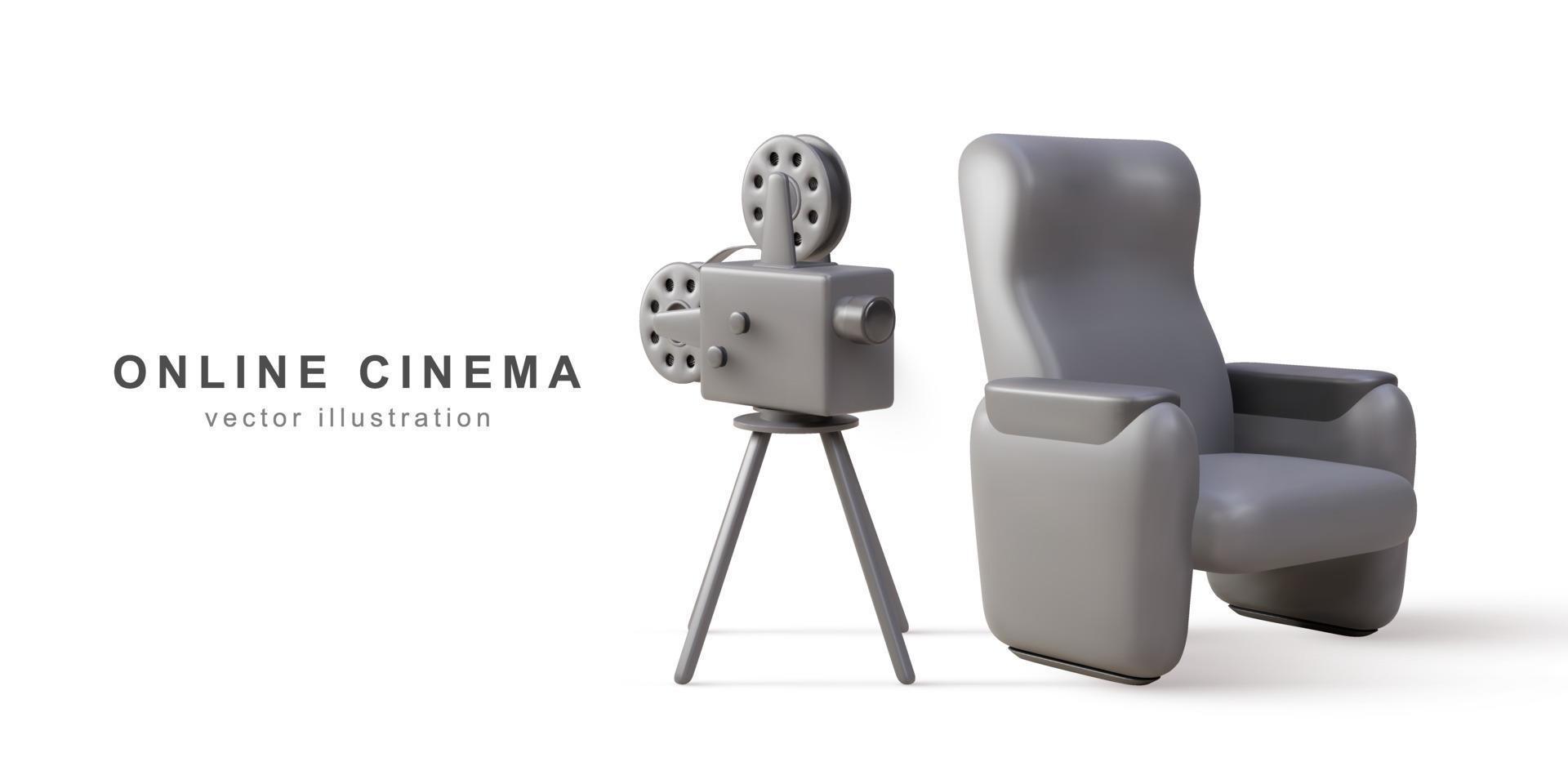 Caméra rétro réaliste 3d et fauteuil de cinéma. illustration vectorielle. vecteur