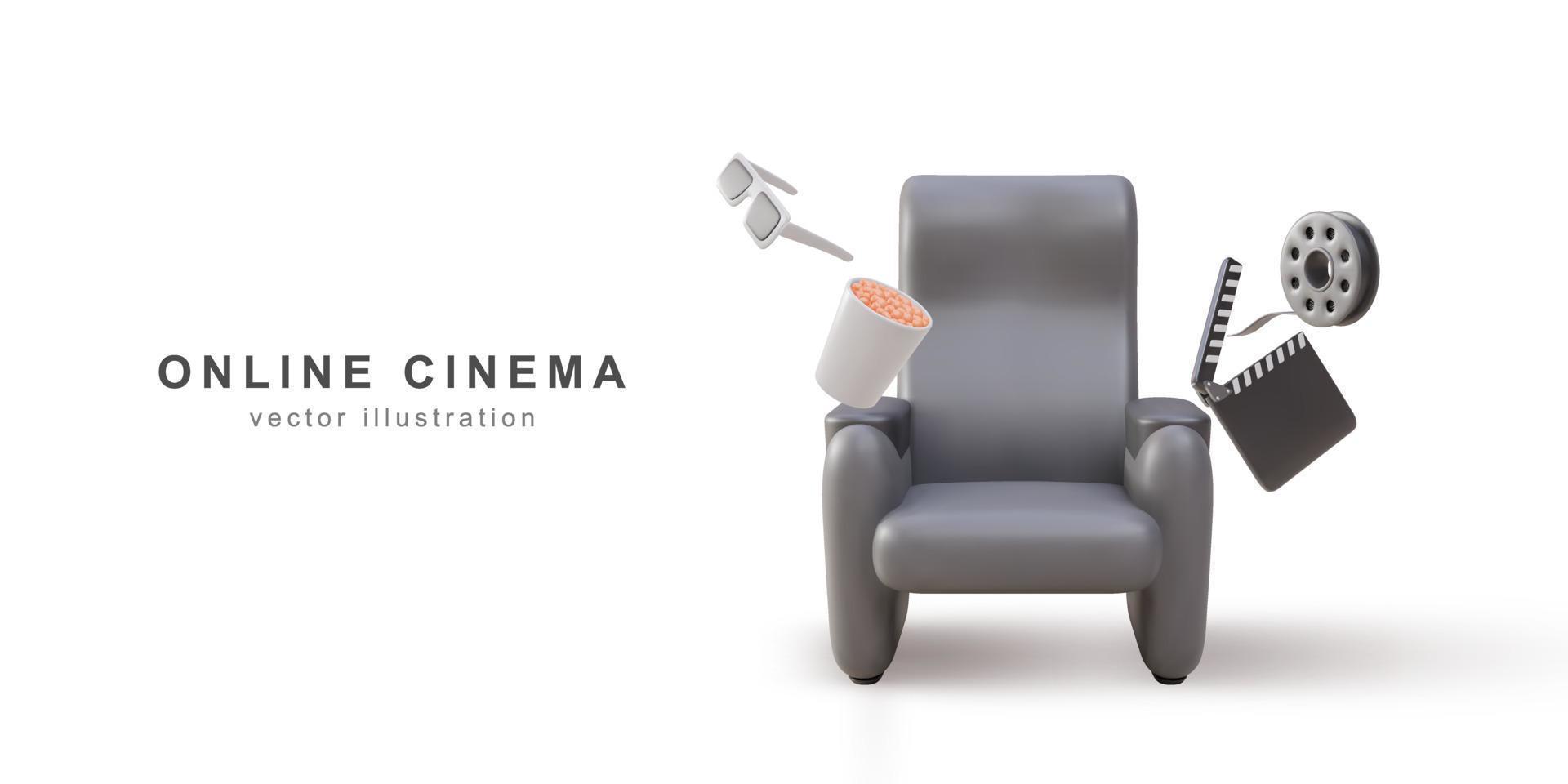 Fauteuil de cinéma réaliste 3d avec des coudes confortables près d'un bol de pop-corn, de billets, d'une bobine de film et d'un battant de film. illustration vectorielle. vecteur