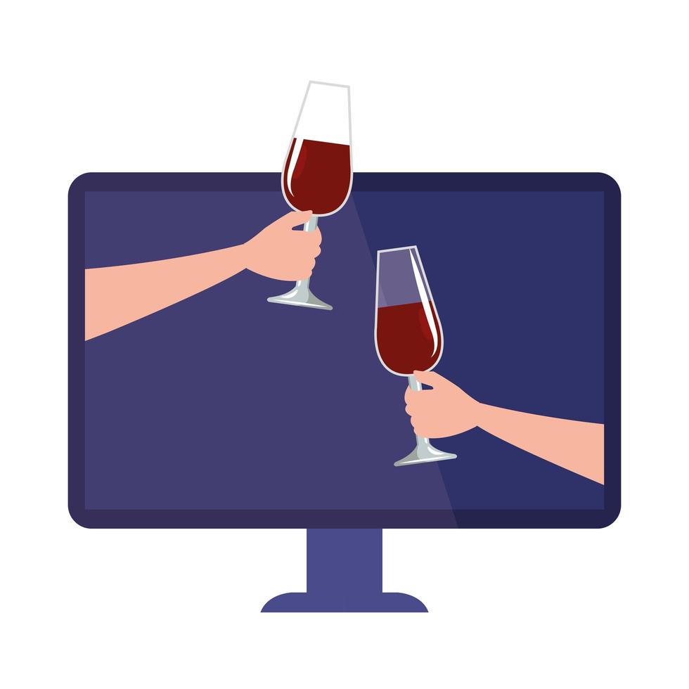 mains avec des tasses de vin dans l'ordinateur, concept de fête en ligne sur fond blanc vecteur