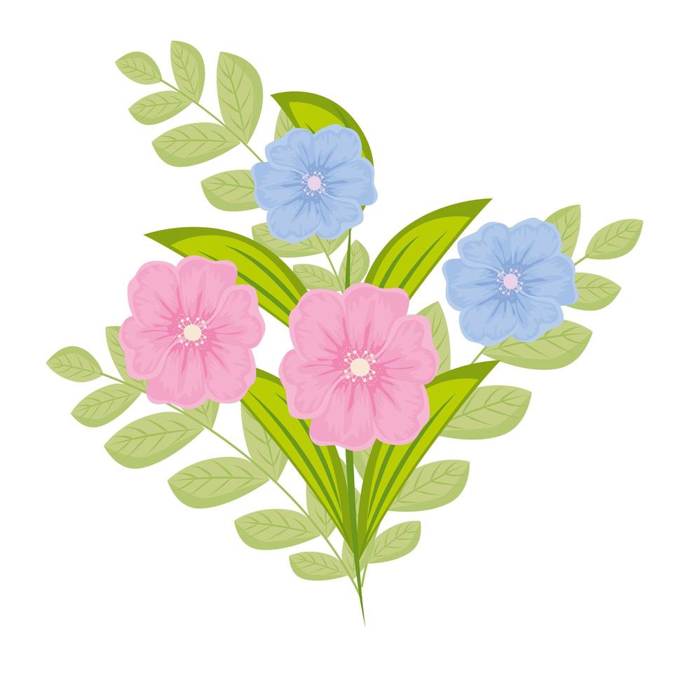 fleurs bleues et roses avec dessin vectoriel de feuilles
