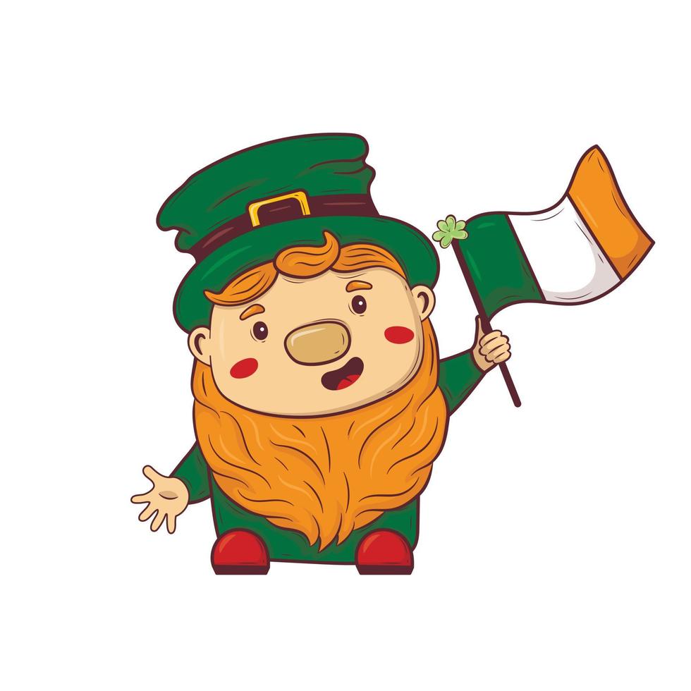 dessin animé doodle saint patrick lutin à barbe rouge tenant un drapeau vecteur