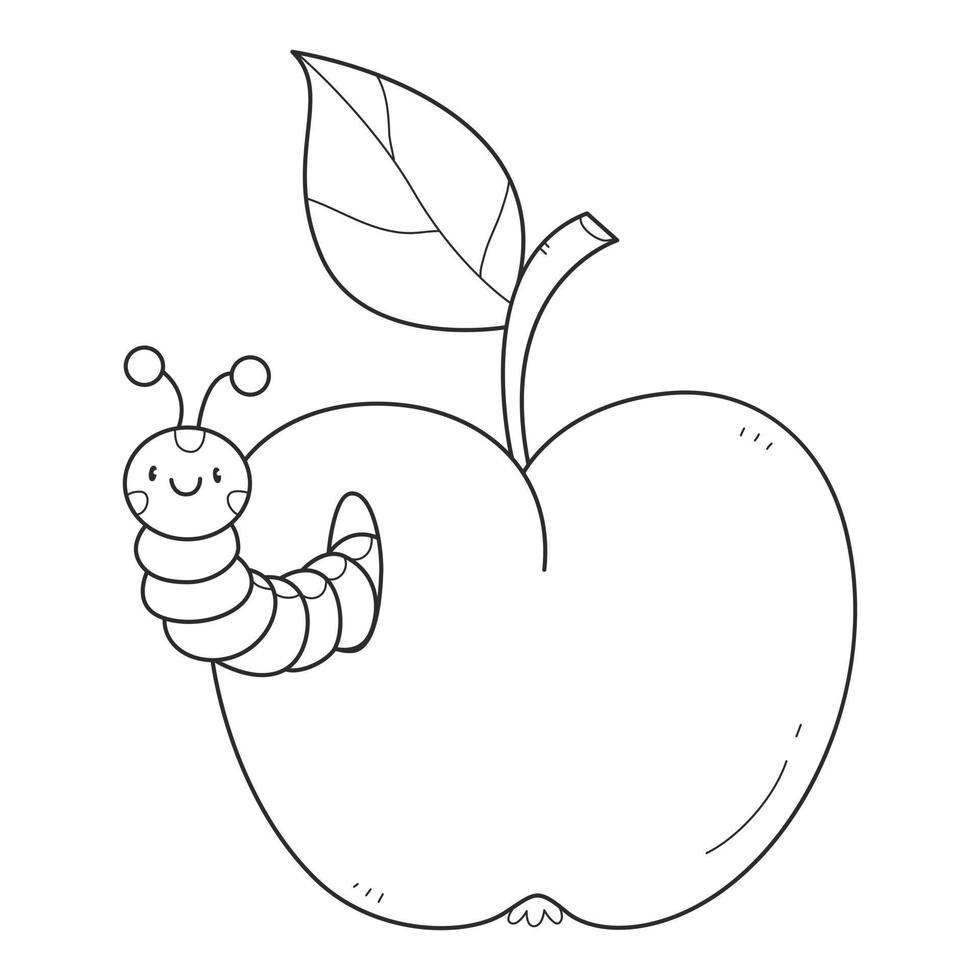 pomme avec livre de coloriage de chenille pour les enfants. coloriage. illustration monochrome en noir et blanc. illustration vectorielle pour enfants. vecteur