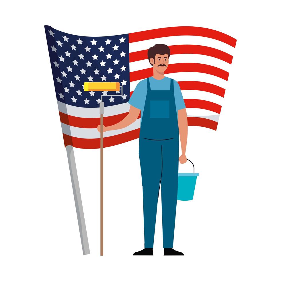 Homme de peintre avec seau de rouleau et conception de vecteur de drapeau usa