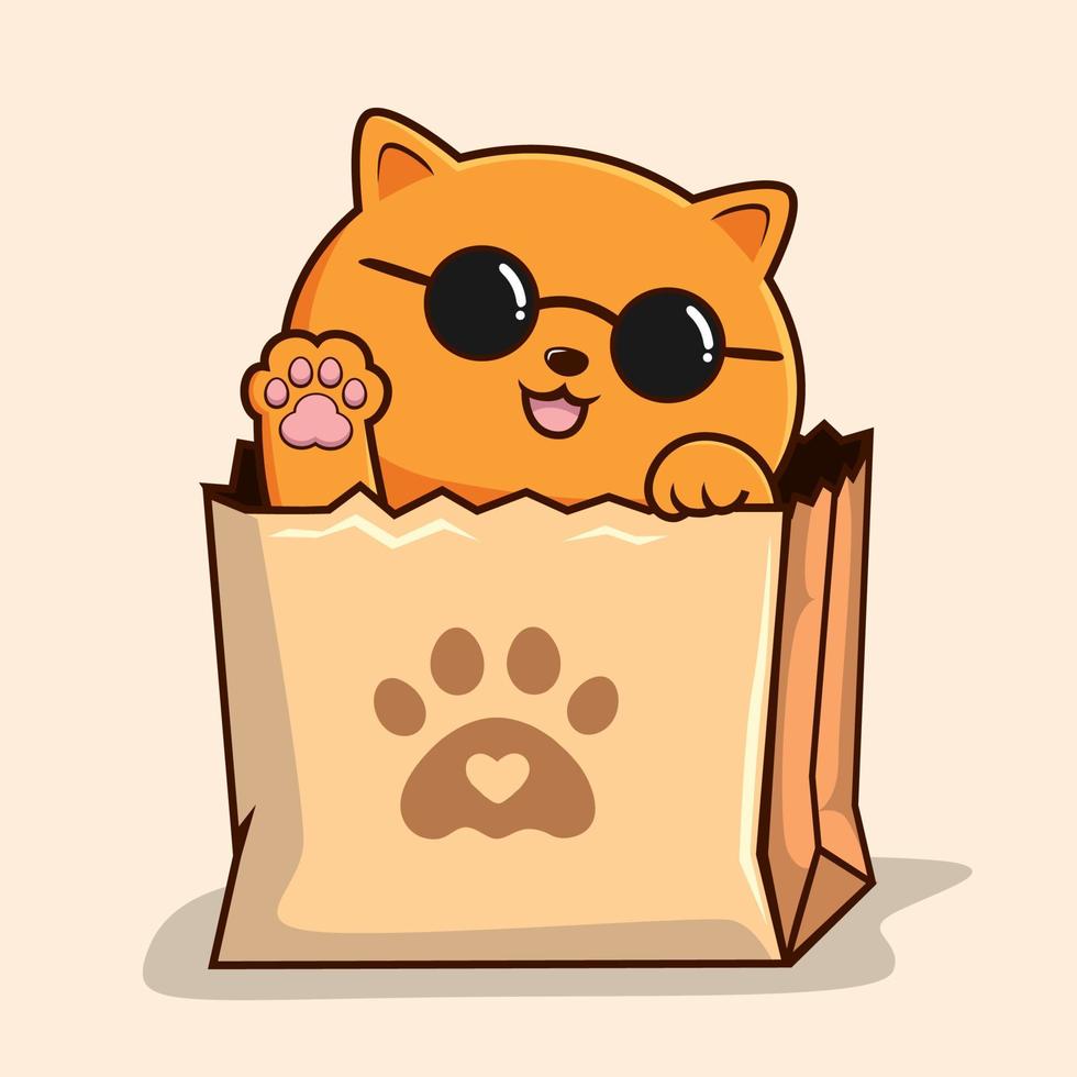 chat dans un sac en papier - joli chat orange peekaboo dans un sac à provisions agitant les pattes de la main lunettes cercle vecteur