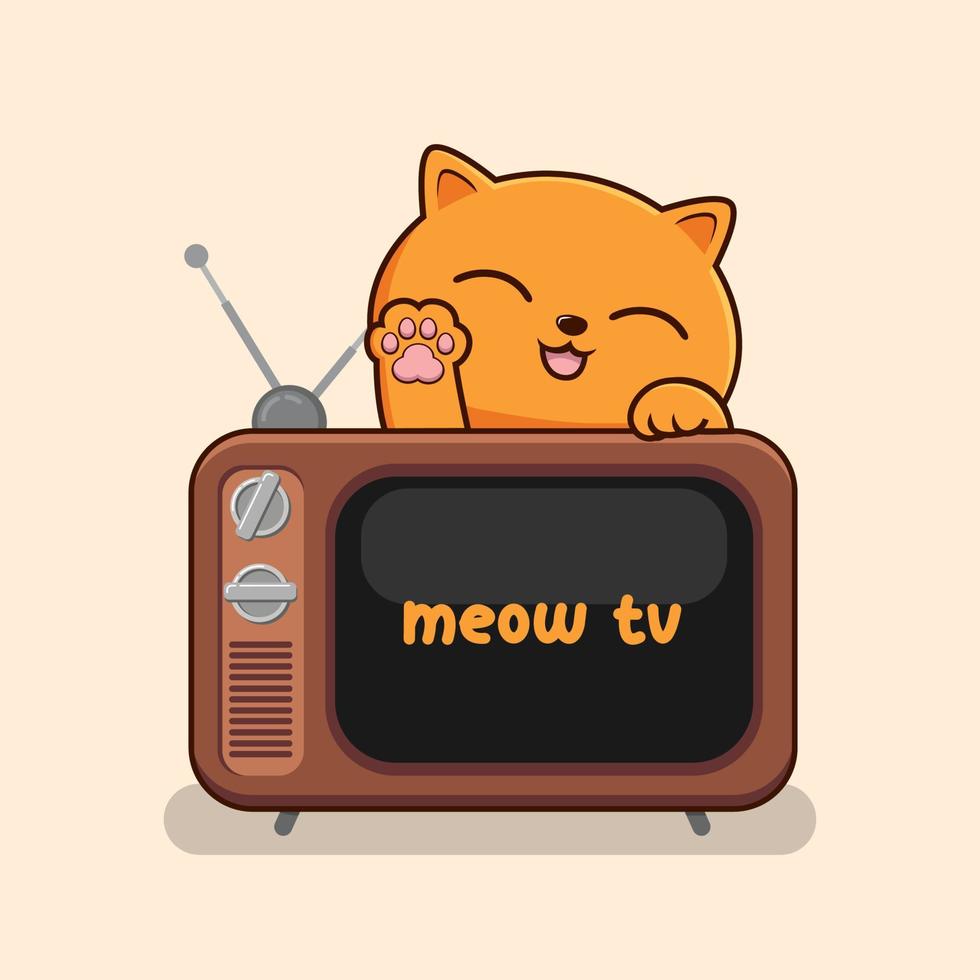 chat orange derrière la télé agitant la main des pattes - joli chat orange au-dessus de la télé vecteur