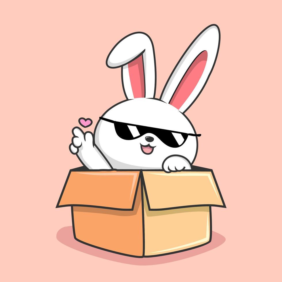 lapin dans le dessin animé de la boîte - lapin mignon avec une main d'amour se cachant dans la boîte cool avec des lunettes de soleil vecteur
