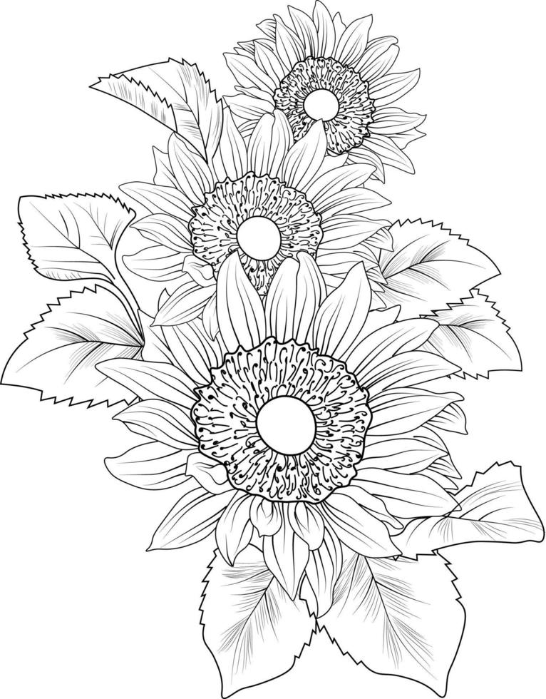 dessin de tournesol, une branche de la collection printanière botanique, art vectoriel d'illustration à l'encre du bouquet de tournesols, dessiné à la main artistiquement, tatouage de styles zen, pages de coloriage de fleurs faciles et livre.