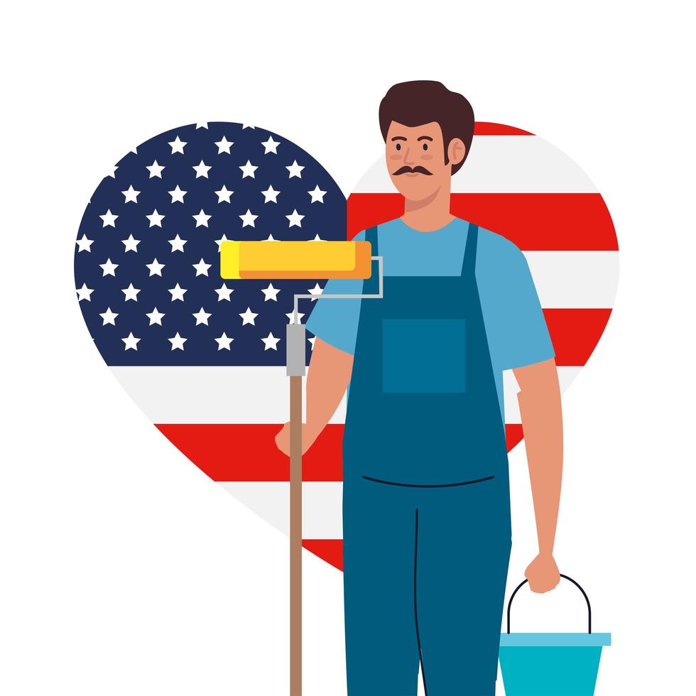 Homme de peintre avec seau de rouleau et conception de vecteur coeur drapeau usa