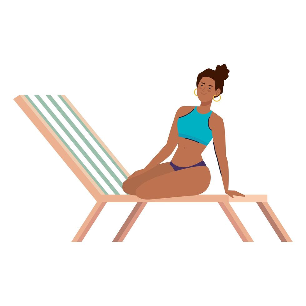 femme afro avec maillot de bain en chaise plage, saison des vacances d'été vecteur