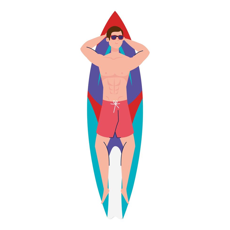 homme en short, allongé sur une planche de surf, saison des vacances d'été vecteur
