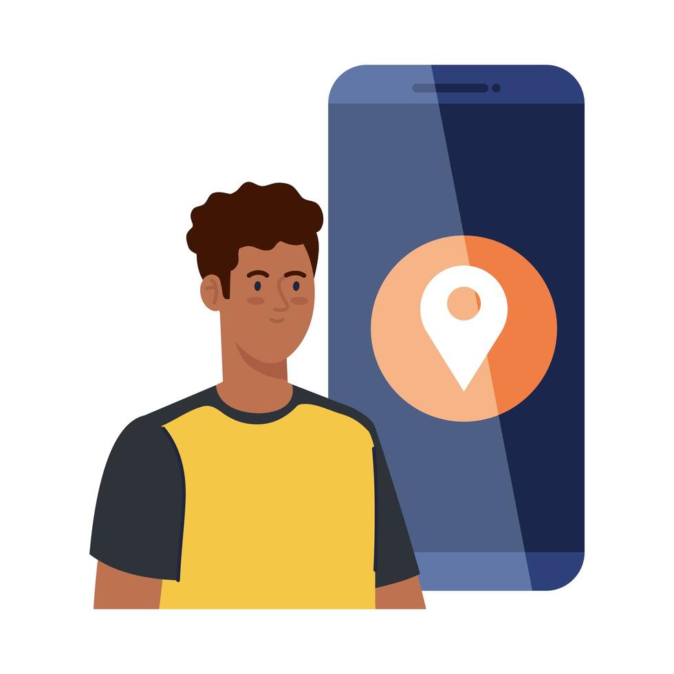 concept de médias sociaux, homme afro avec application de localisation gps sur smartphone vecteur