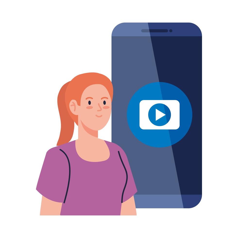 concept de médias sociaux, femme avec bouton de lecture sur smartphone vecteur