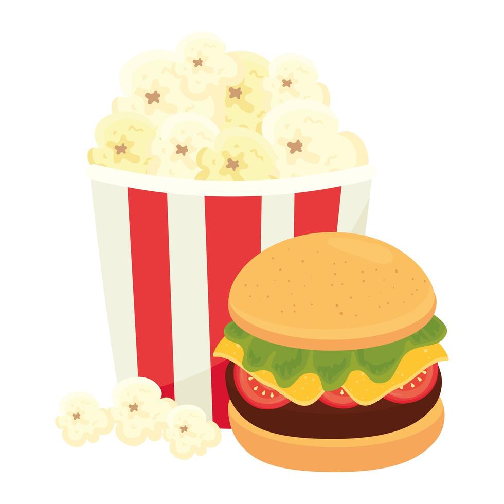 Hamburger avec pop-corn, sur fond blanc vecteur