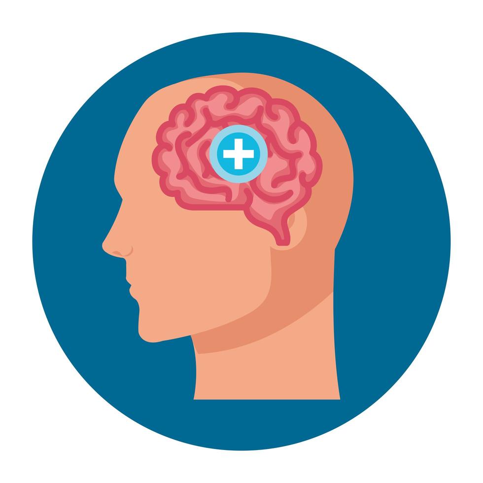 Silhouette de profil humain avec cerveau et symbole croix, esprit positif sur fond blanc vecteur