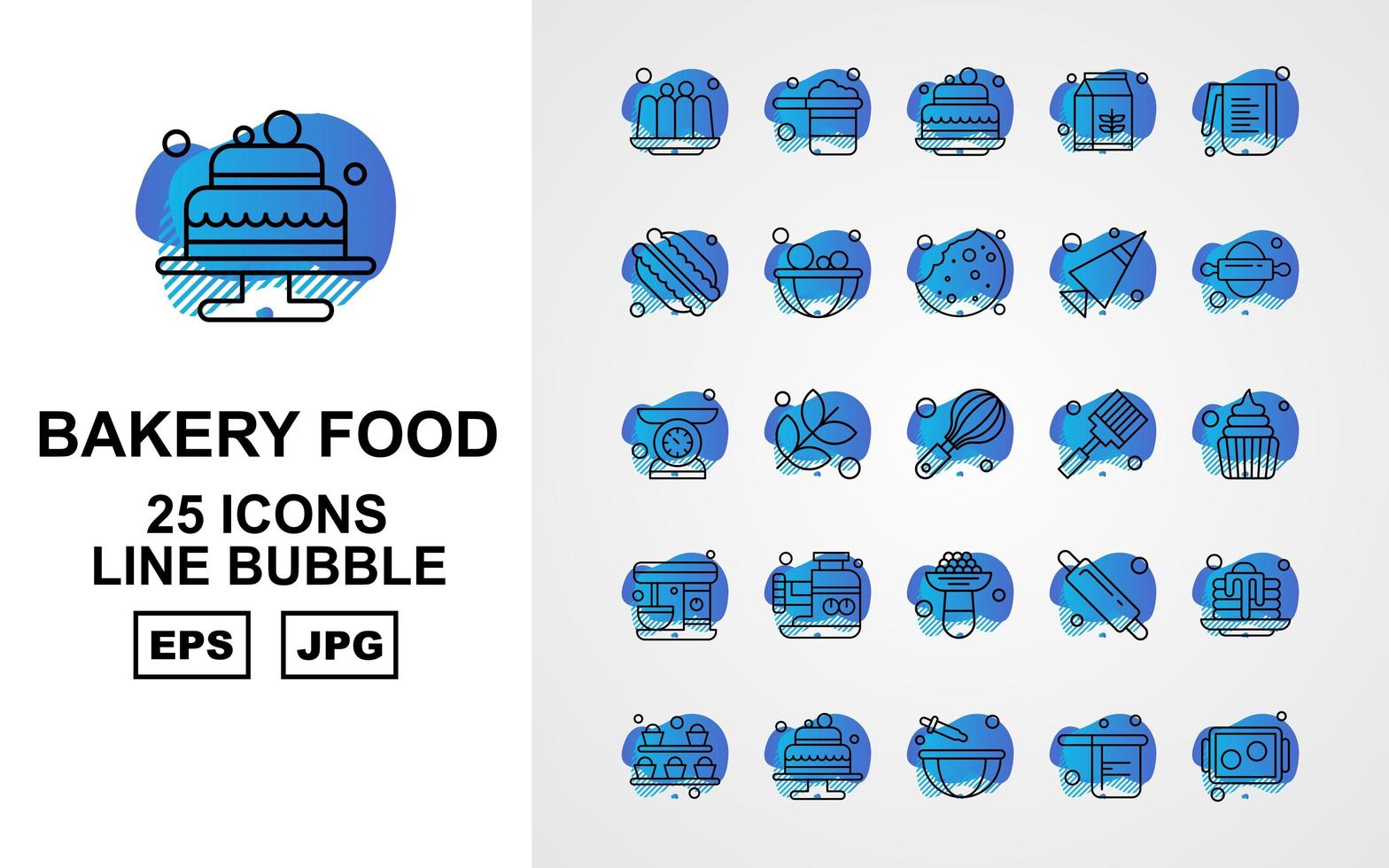 Pack d'icônes de bulle de ligne alimentaire de boulangerie de 25 vecteur