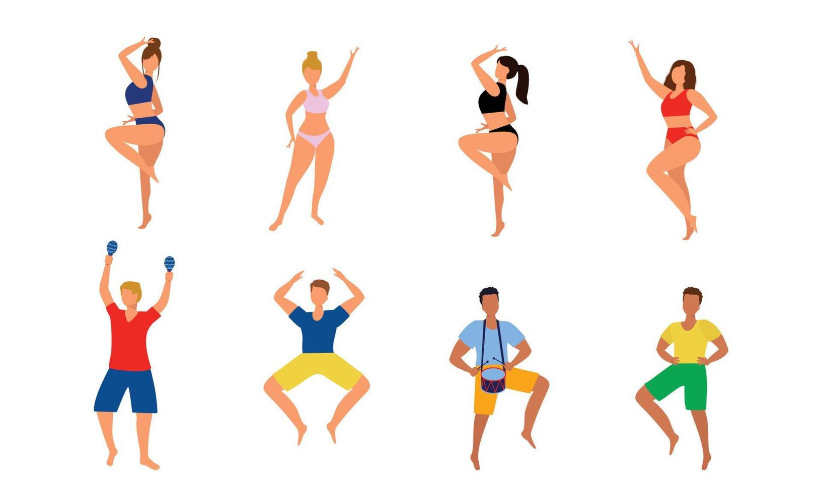 ensemble de danseurs. les gens dans des poses de danse. femmes en bikini, hommes en t-shirt et short. illustration vectorielle vecteur
