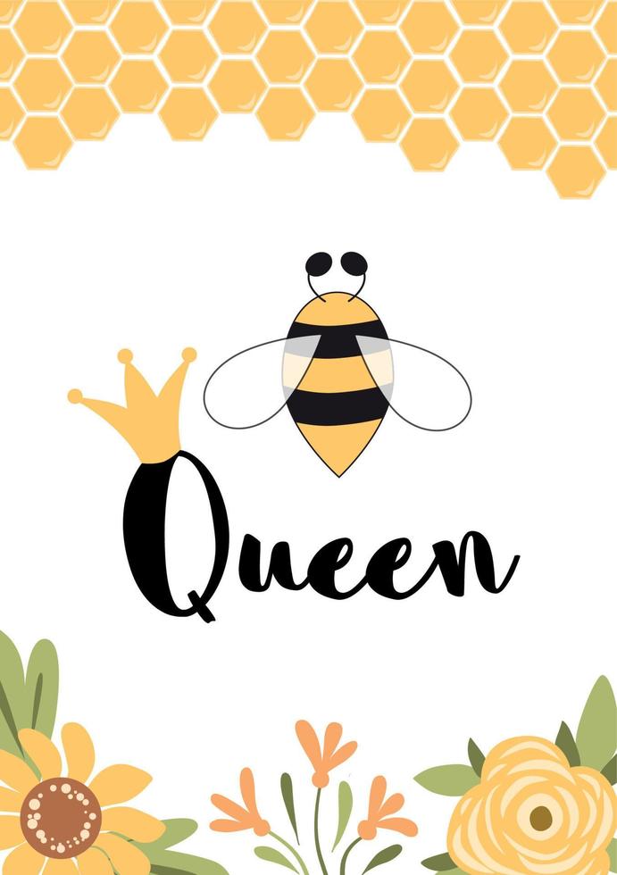 slogan de la reine des abeilles. texte mignon en carton jaune. nid d'abeille, fleurs, conception d'affiches d'amour. couronne de reine des abeilles. bon pour les imprimés, les t-shirts, les bannières de décoration intérieure, le papier peint. typographie de lettrage. illustration vectorielle. vecteur