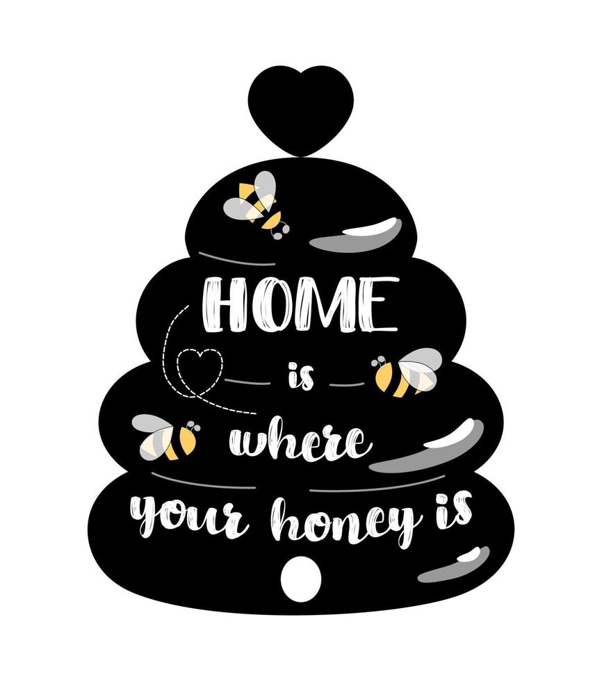 signe de cuisine d'abeille noire, décor de signe de bienvenue de ruche à la maison. joli symbole de miel la maison des abeilles est l'endroit où votre miel est un texte. devis de bienvenue à la maison. apiculture, label apicole. illustration vectorielle. élément dessiné à la main. vecteur