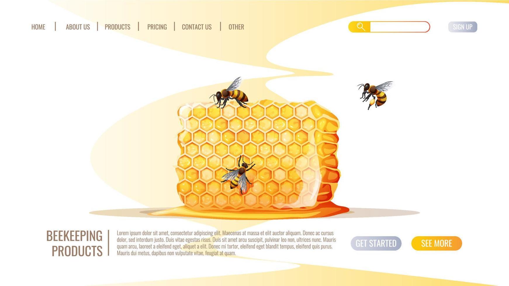 alimentation saine, produit naturel. nid d'abeille, miel, abeilles. modèle de conception de page Web de magasin de miel. illustration vectorielle pour bannière, page web, couverture vecteur