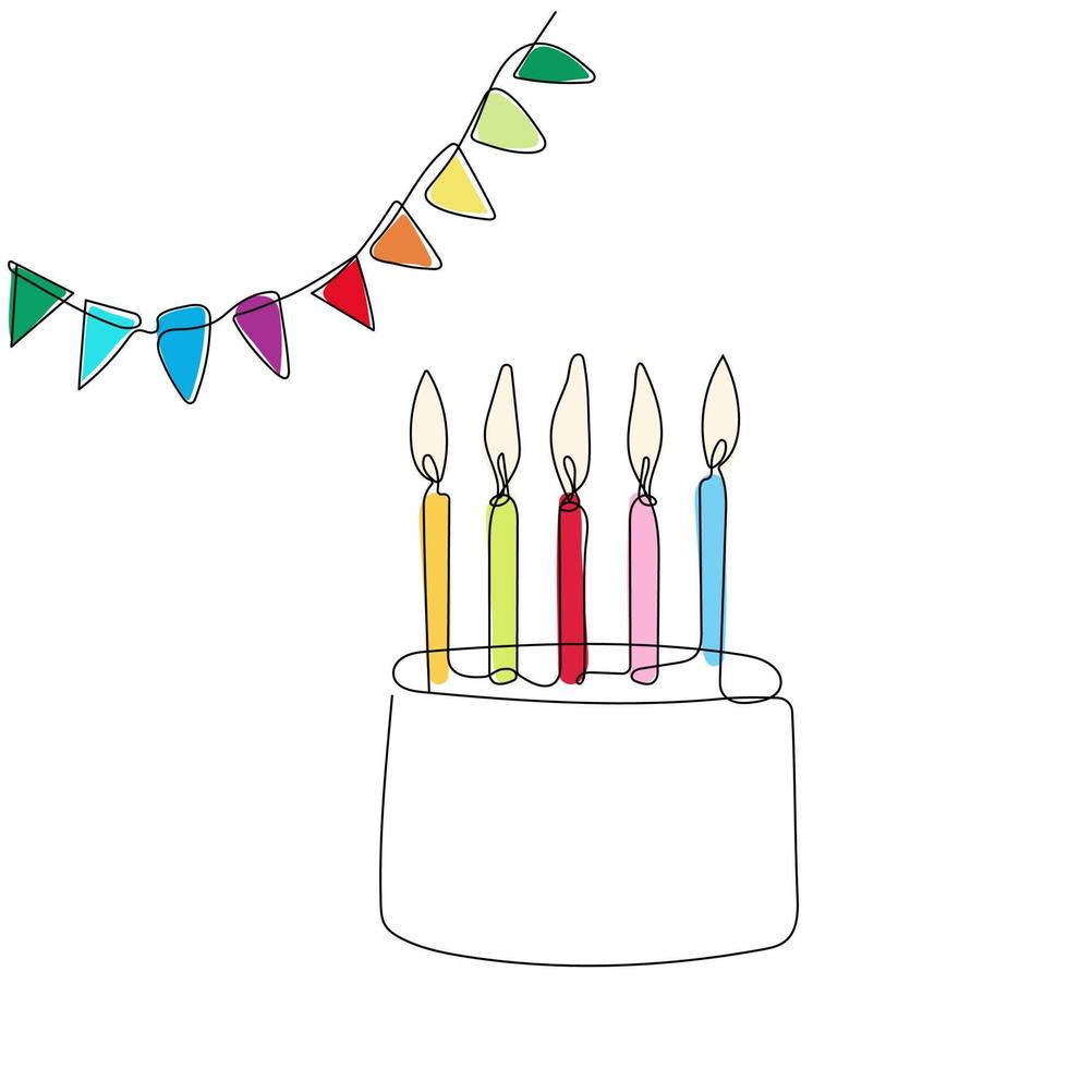 gâteau de fête avec des bougies colorées et des drapeaux. concept de carte de voeux pour anniversaire, vacances, mariage. un dessin au trait, style doodle. illustration vectorielle dessinés à la main. vecteur