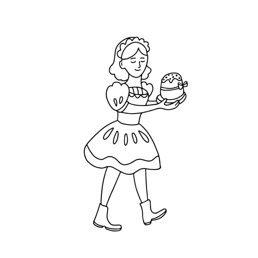 illustration vectorielle dessinée à la main d'une jolie fille apportant un gâteau de pâques dans un style doodle isolé sur fond blanc. idéal pour les cartes de voeux de pâques, les affiches, les livres à colorier. vecteur