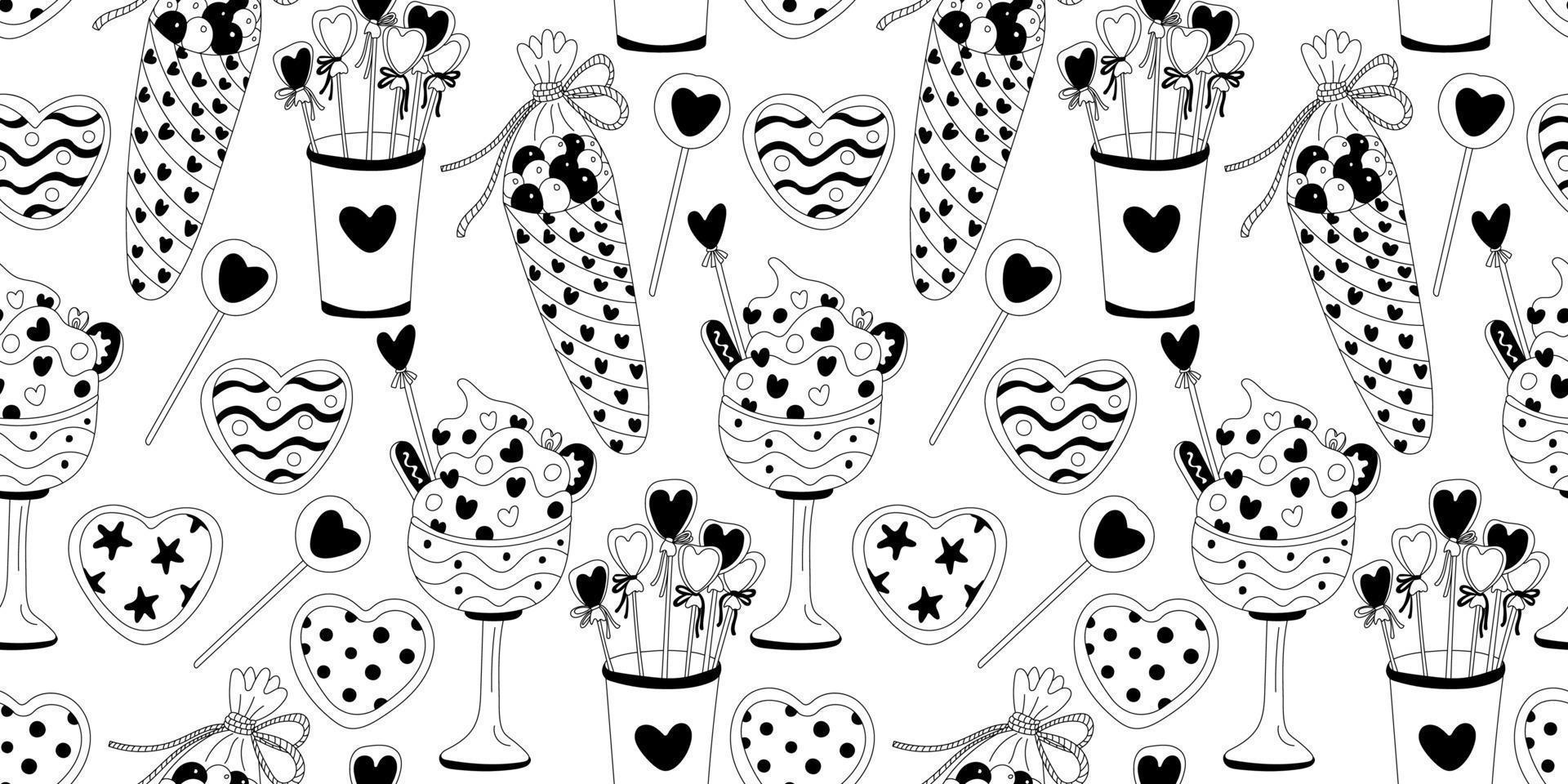 modèle sans couture décoré de desserts, bonbons, sucreries. décor de la Saint-Valentin. idéal pour les tissus, les papiers d'emballage, les papiers peints, les couvertures. illustration de style doodle contour noir. vecteur