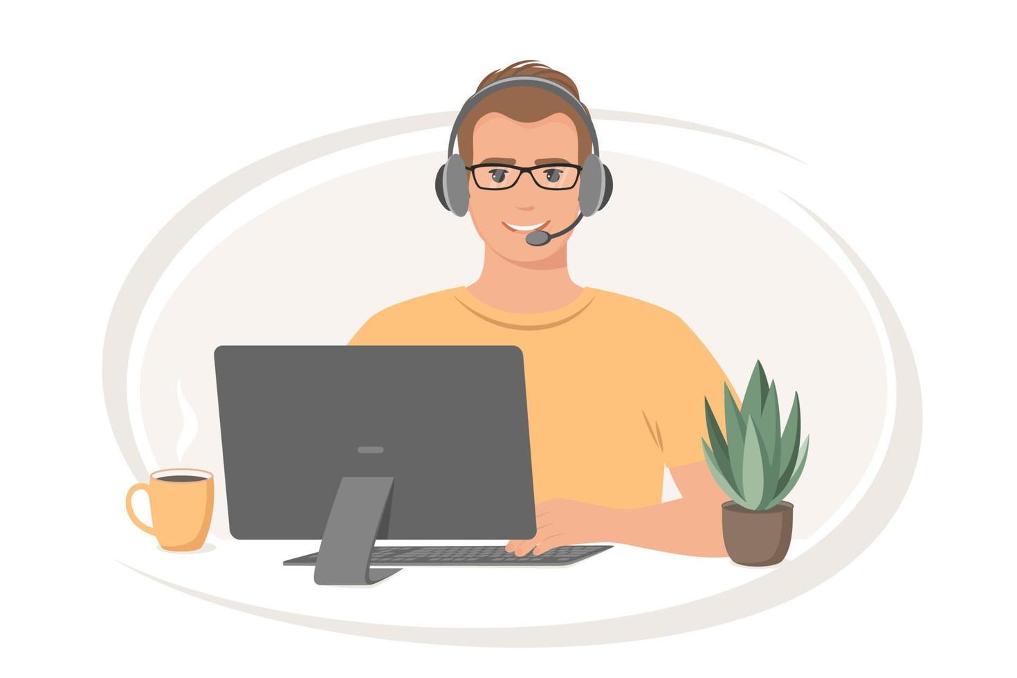 homme avec casque et microphone avec ordinateur portable. service client, support, centre d'appels. illustration vectorielle vecteur